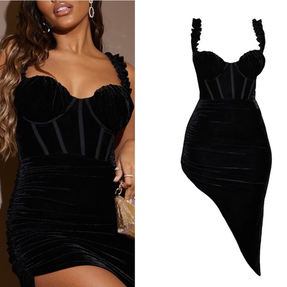 PrettyLittleThing Other - Black Velvet Ruffle Stop Corset Detail Midi Dress